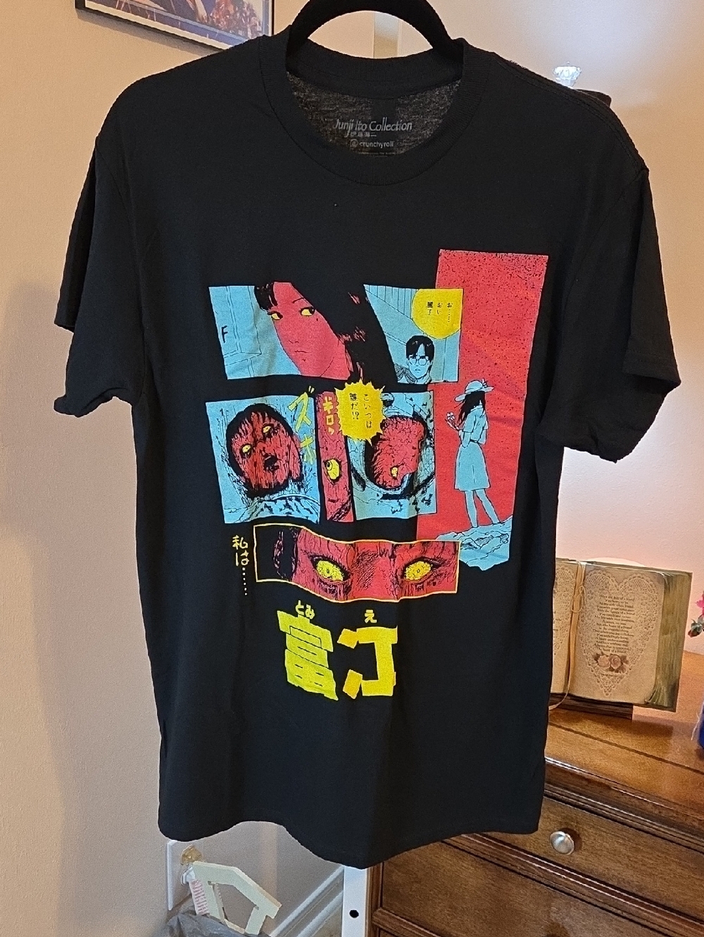 Junji Ito Collection Graphic Black Panel Tee w/Bright Red, Blue & Yellow Print